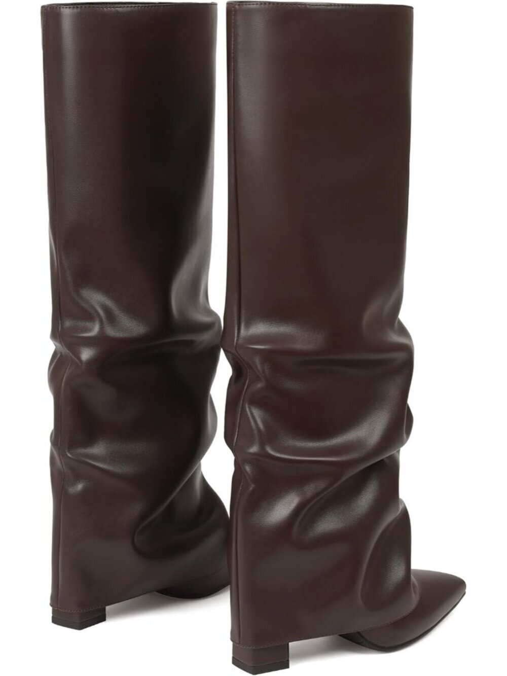 Women's Chocolate PU Slouchy Knee High Boots Black Pointed Toe Fold Over Chunky - Picture 4 of 5